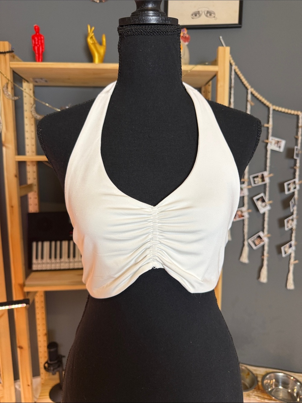 Women's White Halter Ruched Crop Top